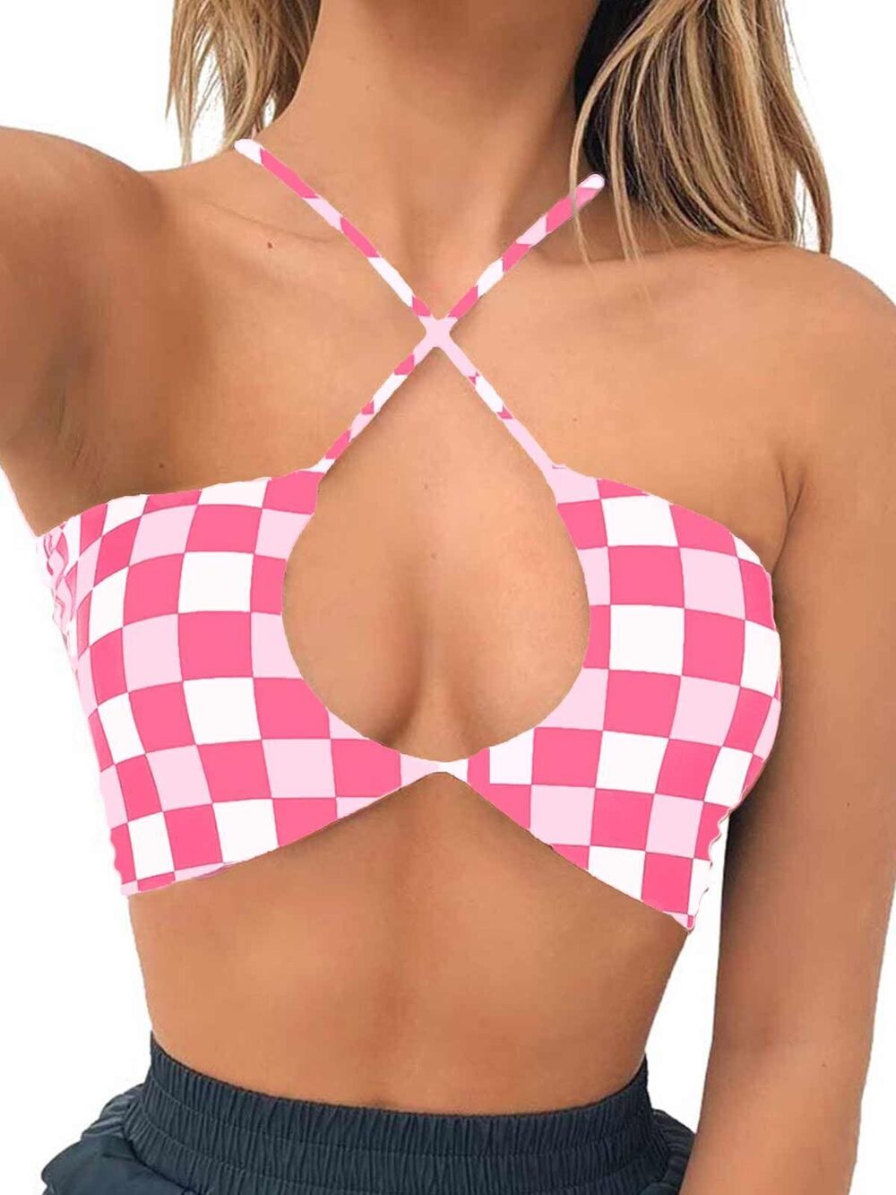 6657 Cross-Pink Checked Crop Top Rave Festival Outfits Halter Tie Bra